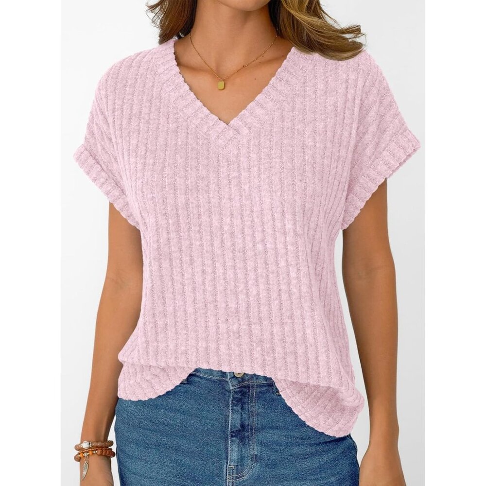 〽️Women's Pink Short Sleeve Cute V Neck Stretch Ribbed Knitwear Pullover Sweater - Picture 2 of 6